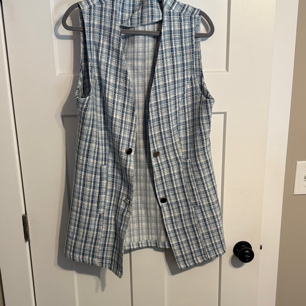 Blue Plaid Sleeveless Vest